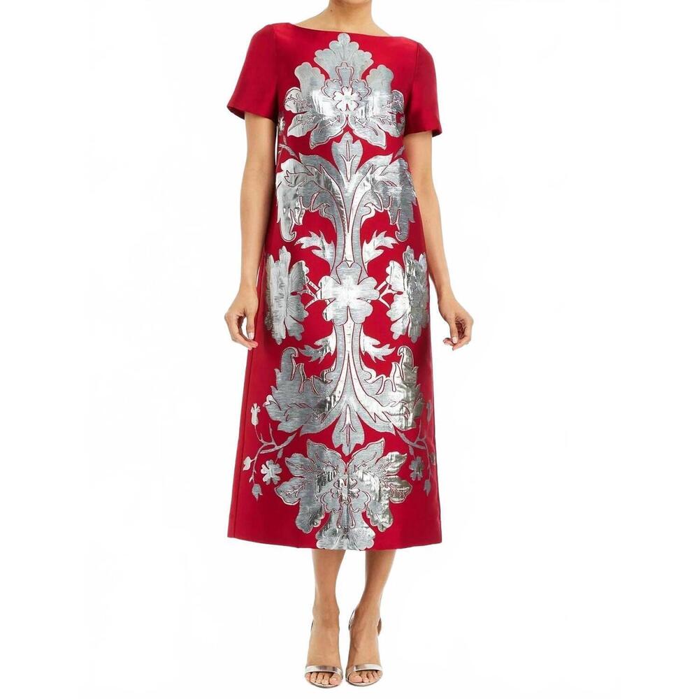 Mestiza Red Crimson Metallic Silver Print Midi Maxi Dress
